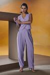 House of Zeniaa_Purple Soft Crepe Embellished Stone V-neck Iris Waistcoat With Pant _at_Aza_Fashions