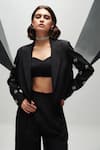 Buy_House of Zeniaa_Black Luxury Crepe Embellished Stone Notched Lapel Boss Babe Crop Blazer _at_Aza_Fashions