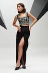 House of Zeniaa_Black Luxury Crepe Embellished Stone Square Pearl And Crop Top _Online_at_Aza_Fashions