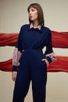 House of Zeniaa_Blue Luxury Crepe Embroidered Beads Collar Freya Colour Blocked Shirt With Pant _Online_at_Aza_Fashions