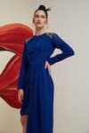 House of Zeniaa_Blue Luxury Crepe Placement Embellished Cutdana Round The Bold Shoulder Dress _Online_at_Aza_Fashions