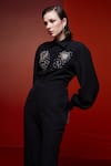 House of Zeniaa_Black Luxury Crepe Hand Embroidery Stone Collared Heart On The Sleeves Shirt _Online_at_Aza_Fashions