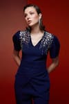 House of Zeniaa_Blue Luxury Crepe Placement Embroidery Crystal V Neck All You Desire Top _Online_at_Aza_Fashions