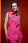 Buy_House of Zeniaa_Pink Luxury Crepe Placement Embellished Crystal Collared Neck Hot Mess Shirt _Online_at_Aza_Fashions