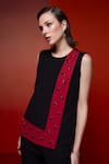 Buy_House of Zeniaa_Black Luxury Crepe Placement Embellished Crystal Round Neck Rose Panelled Top _at_Aza_Fashions