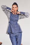 House of Zeniaa_Blue Soft Denim Printed Floral Collared Wardrobe Essential Top With Pant _Online_at_Aza_Fashions