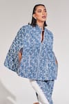 Buy_House of Zeniaa_Blue Denim Embroidered Sequins Mandarin Passion Cape _at_Aza_Fashions