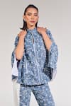 House of Zeniaa_Blue Denim Embroidered Sequins Mandarin Passion Cape _Online_at_Aza_Fashions