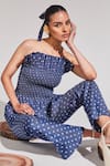 House of Zeniaa_Blue Soft Denim Printed Floral Tube Orchid Ruffle Top With Pant _Online_at_Aza_Fashions