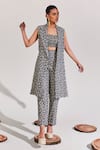 Buy_House of Zeniaa_Grey Soft Denim Printed Floral Lapel All Gardens Bustier Set With Jacket _at_Aza_Fashions