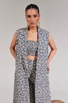 House of Zeniaa_Grey Soft Denim Printed Floral Lapel All Gardens Bustier Set With Jacket _Online_at_Aza_Fashions