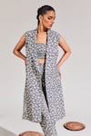 Shop_House of Zeniaa_Grey Soft Denim Printed Floral Lapel All Gardens Bustier Set With Jacket _Online_at_Aza_Fashions