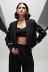 House of Zeniaa_Black Luxury Crepe Embroidered Stones Lapel Boss Babe Crop Blazer With Pant _Online_at_Aza_Fashions