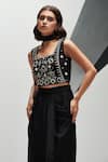 House of Zeniaa_Black Luxury Crepe Embroidered Crystals Square Pearls Top And Dhoti Skirt Set _at_Aza_Fashions