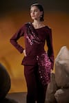 House of Zeniaa_Wine Luxury Crepe V-neck Elis Sequin Top With Pant _Online_at_Aza_Fashions