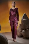 House of Zeniaa_Wine Luxury Crepe V-neck Elis Sequin Top With Pant _at_Aza_Fashions