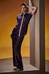 House of Zeniaa_Purple Crepe Silk Embroidered Crystals Collared Make It Glam Shirt With Pant _Online_at_Aza_Fashions