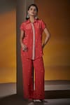 Buy_House of Zeniaa_Coral Crepe Silk Embroidered Crystals Collared Make It Glam Shirt And Pant Set _at_Aza_Fashions