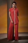 Shop_House of Zeniaa_Coral Crepe Silk Embroidered Crystals Collared Make It Glam Shirt And Pant Set _Online_at_Aza_Fashions