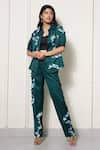 Buy_House of Zeniaa_Green Luxury Satin Printed Floral Rick Rack Patchwork Shirt And Pant Co-ord Set _at_Aza_Fashions