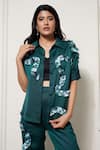 Shop_House of Zeniaa_Green Luxury Satin Printed Floral Rick Rack Patchwork Shirt And Pant Co-ord Set _at_Aza_Fashions