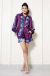 Buy_House of Zeniaa_Purple Luxury Satin Printed Floral Amor Bloom Panel Shirt And Shorts Co-ord Set _at_Aza_Fashions