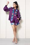 Shop_House of Zeniaa_Purple Luxury Satin Printed Floral Amor Bloom Panel Shirt And Shorts Co-ord Set _at_Aza_Fashions