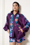 House of Zeniaa_Purple Luxury Satin Printed Floral Amor Bloom Panel Shirt And Shorts Co-ord Set _Online_at_Aza_Fashions