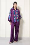 Buy_House of Zeniaa_Purple Luxury Satin Printed Floral Amor Bloom Panel Shirt And Pant Co-ord Set _at_Aza_Fashions