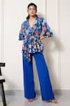 Buy_House of Zeniaa_Multi Color Luxury Satin Printed Floral V Neck Scarlet Top And Pant Set _at_Aza_Fashions