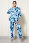 Buy_House of Zeniaa_Blue Luxury Satin Printed Floral Round Shirt And Pant Co-ord Set _at_Aza_Fashions