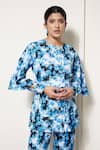 Shop_House of Zeniaa_Blue Luxury Satin Printed Floral Round Shirt And Pant Co-ord Set _at_Aza_Fashions