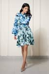 Buy_House of Zeniaa_Blue Luxury Satin Printed Floral Stand Collar Lily Love Dress With Belt _at_Aza_Fashions