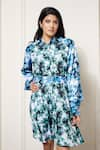 Shop_House of Zeniaa_Blue Luxury Satin Printed Floral Stand Collar Lily Love Dress With Belt _at_Aza_Fashions