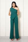 Buy_House of Zeniaa_Green Luxury Crepe Embroidered Beads One Shoulder Shamrock Top And Pant Set _at_Aza_Fashions