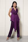 Shop_House of Zeniaa_Purple Luxury Satin Embroidered Stones V Sparkling Sleeveless Top And Pant Set _at_Aza_Fashions