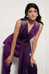 House of Zeniaa_Purple Luxury Satin Embroidered Stones V Sparkling Sleeveless Top And Pant Set _Online_at_Aza_Fashions