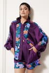 Buy_House of Zeniaa_Purple Luxury Satin Printed Floral Collar Amor Bloom Panel Shirt _at_Aza_Fashions