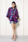 House of Zeniaa_Purple Luxury Satin Printed Floral Collar Amor Bloom Panel Shirt _Online_at_Aza_Fashions