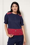 Buy_House of Zeniaa_Blue Luxury Crepe Embroidered Beads Round Fiona Panel Top _at_Aza_Fashions