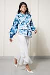 House of Zeniaa_Blue Luxury Satin Printed Floral Round Camilla Top _Online_at_Aza_Fashions