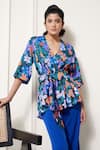 Buy_House of Zeniaa_Multi Color Luxury Satin Printed Floral V Neck Scarlet Top _at_Aza_Fashions