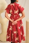 Shop_Jodi_Red Poplin Handblock Printed Animal Band Collar Gond Day Dress _at_Aza_Fashions