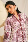 Buy_Jodi_Pink Handloom Cotton Printed Floral Mandarin Collar Cheriyal Handblock Dress _Online_at_Aza_Fashions