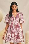 Buy_Jodi_Pink Handloom Cotton Handblock Printed Botanical V Neck Cheriyal Dress _Online_at_Aza_Fashions