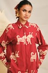 Buy_Jodi_Red Poplin Handblock Printed Gond Collar Shirt _at_Aza_Fashions