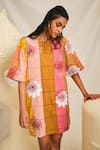 Shop_Jodi_Pink Handloom Kala Cotton Applique Round Aipan Floral Checkered Dress _Online_at_Aza_Fashions