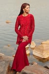 Buy_Mishru_Red Kurta Georgette Embroidery Bead Round Lyla Line And Flared Pant Set _at_Aza_Fashions