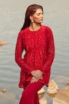 Shop_Mishru_Red Kurta Georgette Embroidery Bead Round Lyla Line And Flared Pant Set _at_Aza_Fashions