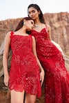 Buy_Mishru_Red Tulle Embroidery Sequin Cutwork Moana Floral Dress _Online_at_Aza_Fashions